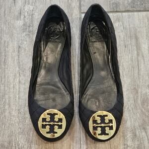 Tory Burch Quilted Reva Quinn Black Leather Flats Size 9.5 Timeless Preppy Logo